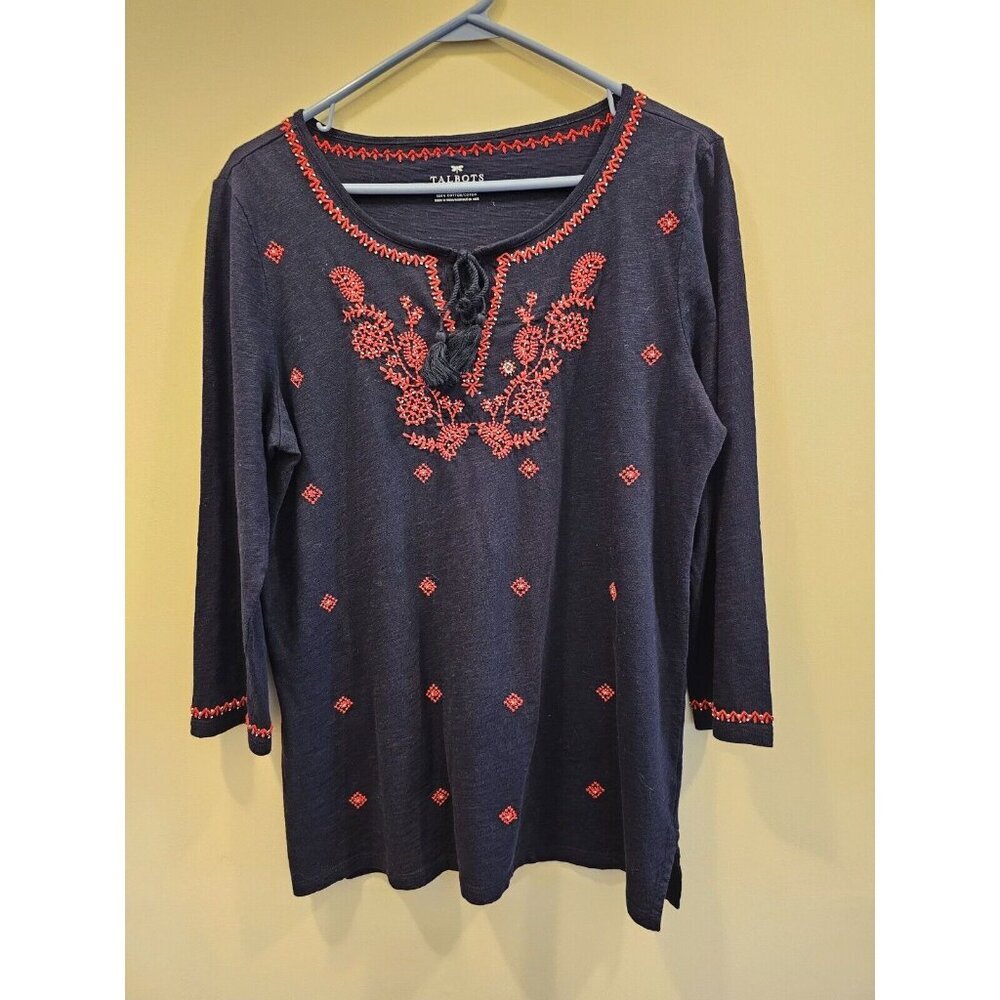 Women's Talbots Dark Blue‎ and Red Embroidered Cotton Top Size M 3/4 Sleeve